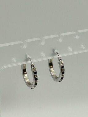 Sterling Silver Hoop Earrings Blue & Clear Crystals 1" Stamped 925 SLC